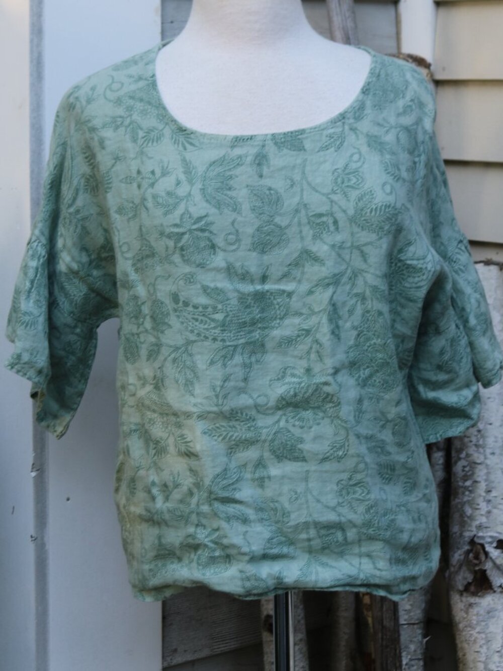 Viola Borghi Italy Green Floral Linen Ruffle ShortSleeve Pullover Blouse Top MED